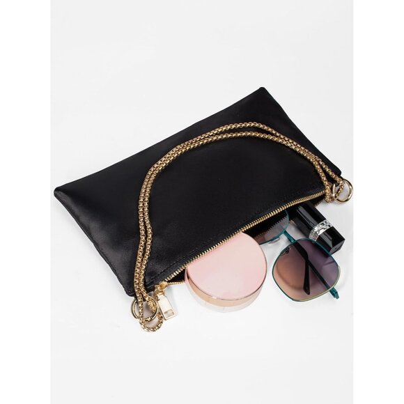 Women's Black Satin Evening Handbag with Detachable Chain for Prom Wedding Party - Picture 5 of 7